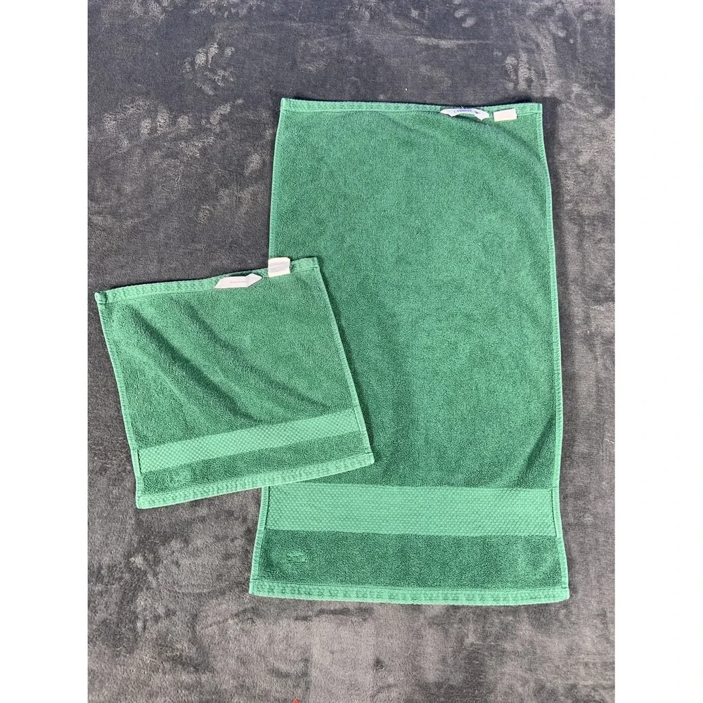 Lacoste Legend Green Supima Cotton 2 Piece Towel Set Hand Washcloth Crocodile